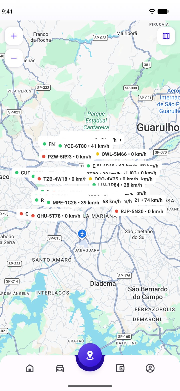 Mapa da frota no aplicativo da Nova GPS